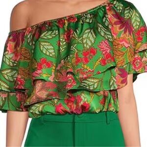 Sugarlips Tropical Floral Print, Off-The-Shoulder Cropped Ruffle Top
